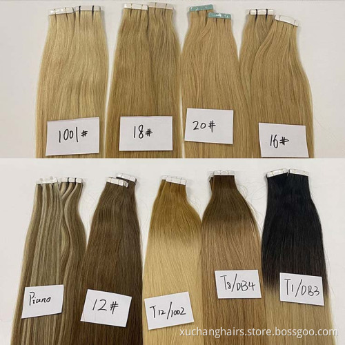 Extensión de cinta de cabello ruso Cabello humano al por mayor de la cutícula recta alineada cinta virgen en extensiones de cabello vendedores remy